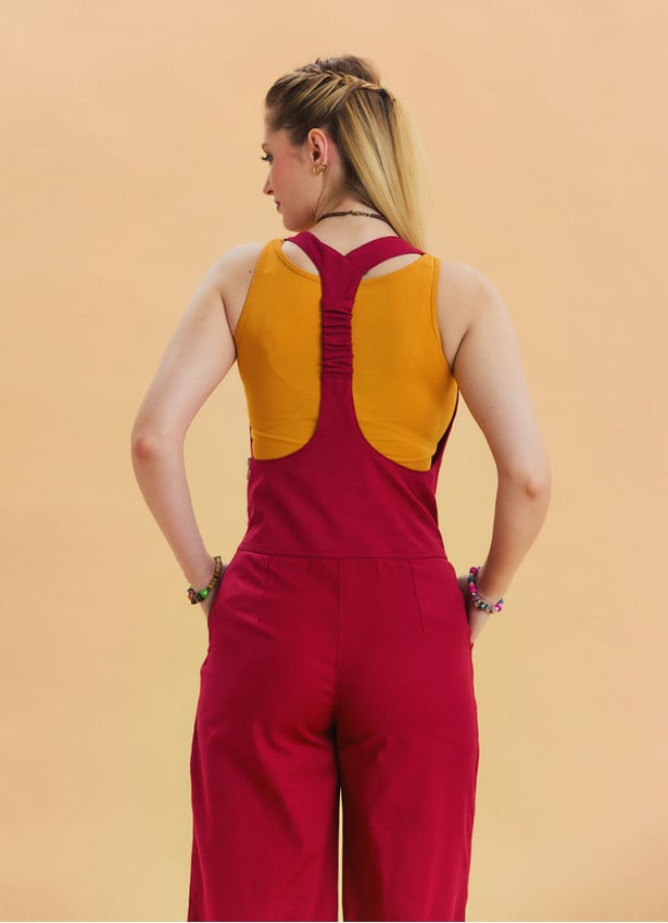 Red Womens Wide Leg Jumpsuit with Zipper Detail and Pockets 4673